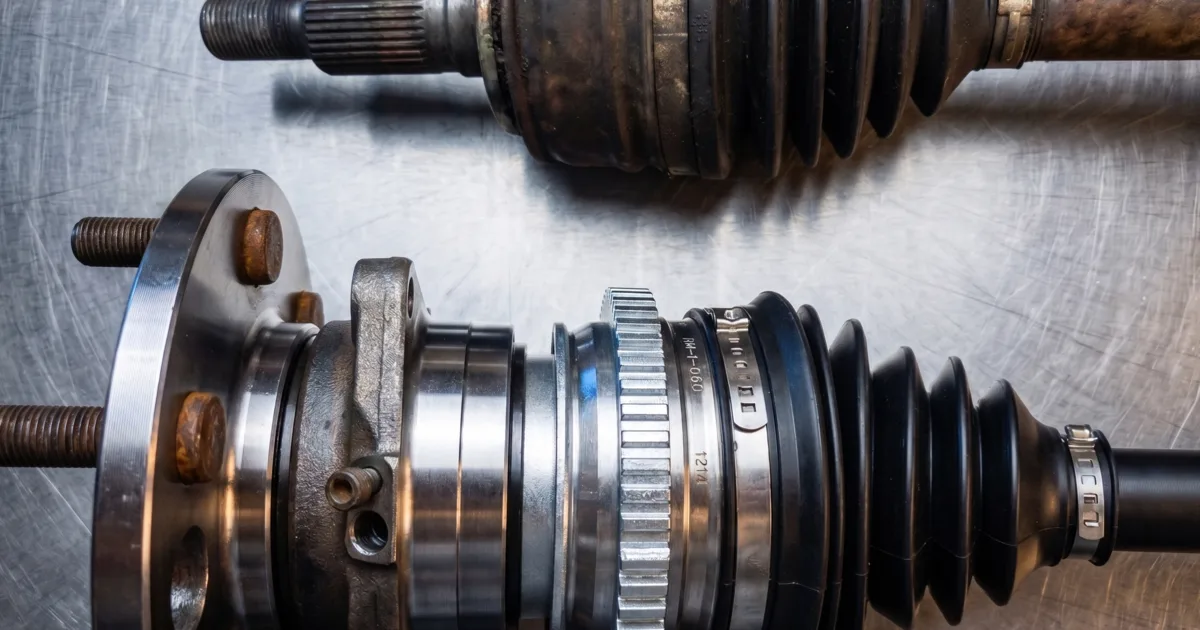 Worn CV joint axle (top) next to a new CV axle with fresh boot (bottom)